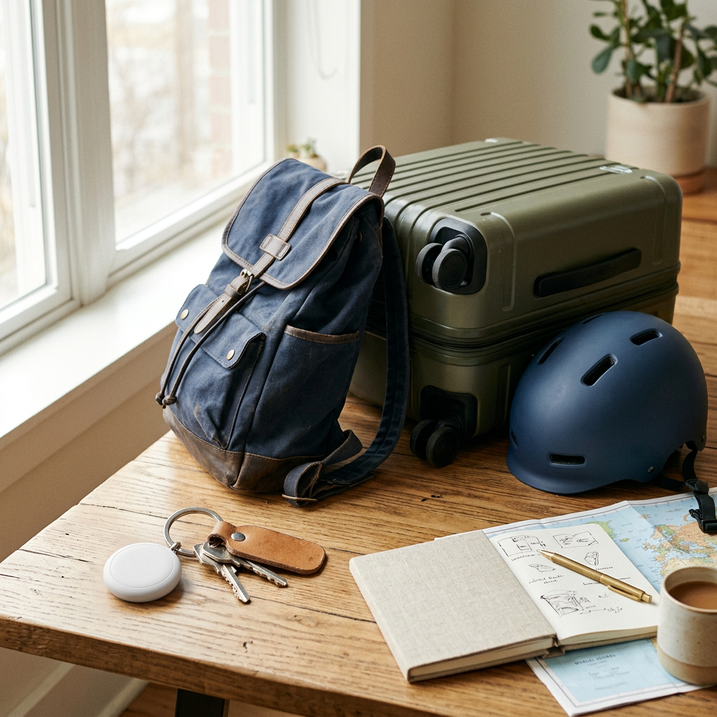 Suitcase, backpack, helmet, map, keys, notebook, and coffee on a wooden table